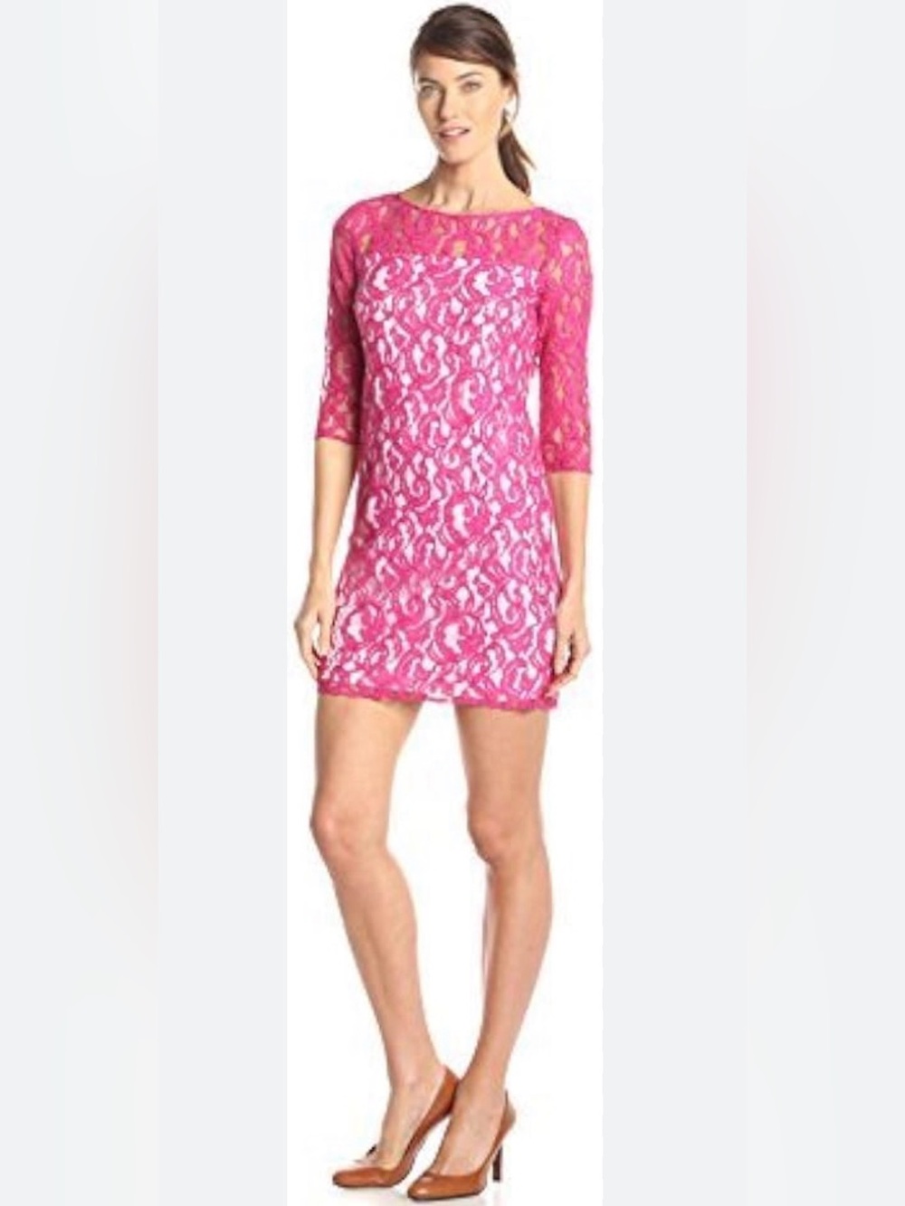 Versona Hot Pink Lace Mini Shift Dress sz2 Cocktail Party